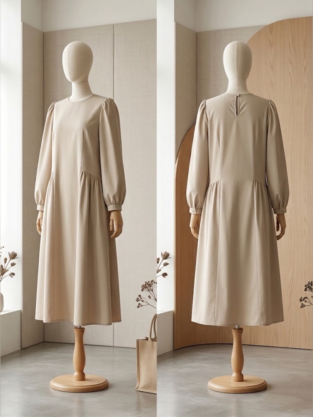 Cream Puff-Sleeve Midi Dress – Size S